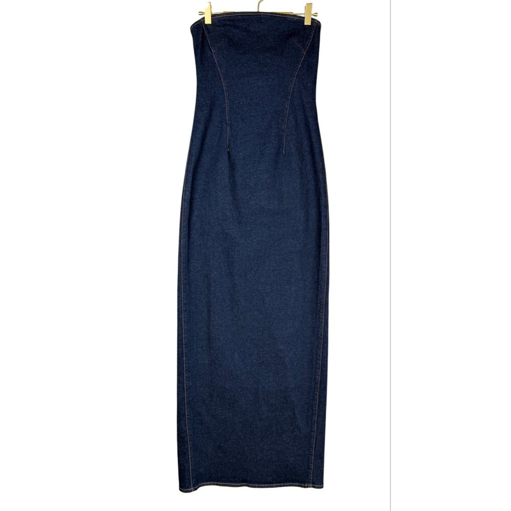 GRLFRND Lena Colum Denim Maxi Dress Dark Wash Small Strapless Classy Chic Date - Picture 3 of 11